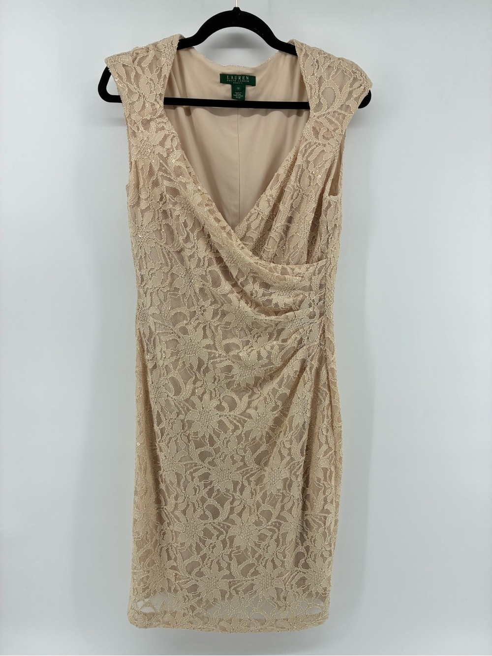Lauren Ralph Lauren Sleeveless Floral Metallic Lace Sheath Dress in Beige